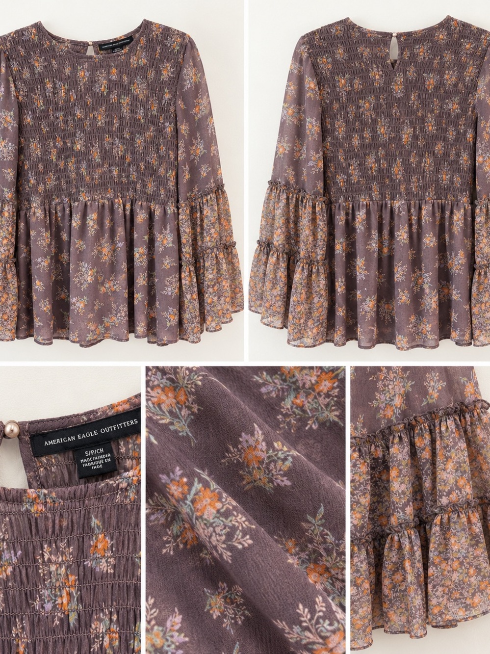 American Eagle Outfitters Mauve Floral Smocked Peplum Top